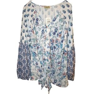 One World Women's 2X Boho Floral Tie Front Peasant Blouse Top Blue White Peach